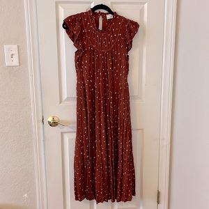 Pretty rust colored midi dress with high neckline